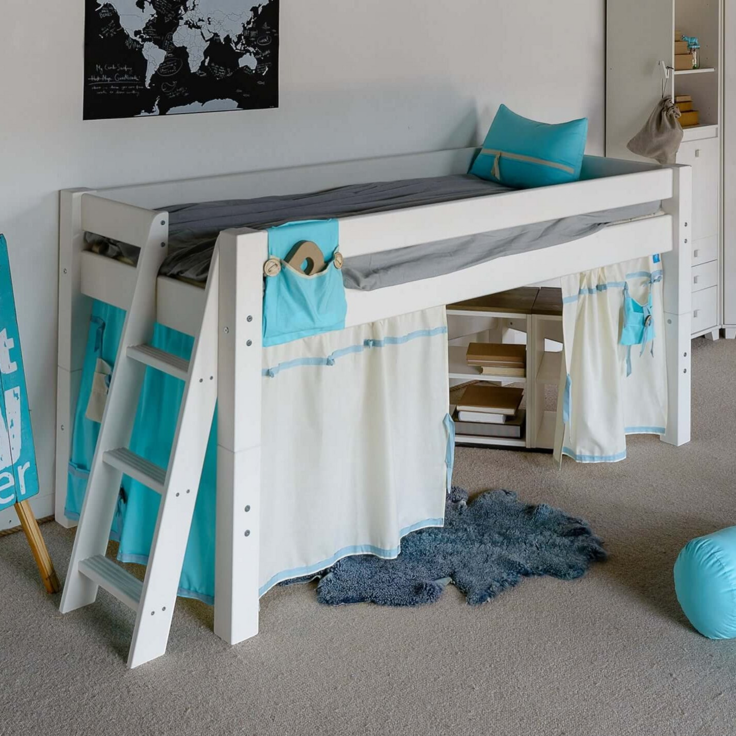 Lahe - Half high bed with slant ladder end mount - 90x200 cm - White displayed in a stylish children's room.