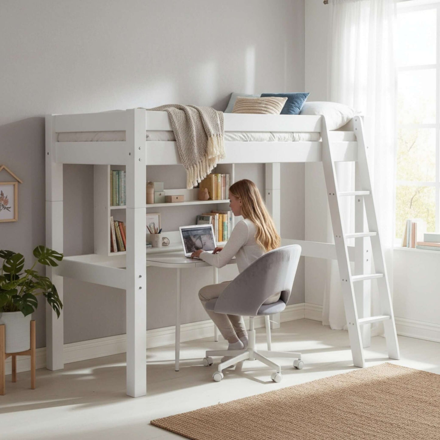Lahe - High bed with slant ladder - 90x200 cm - White, featuring a study space underneath and a girl using a laptop.