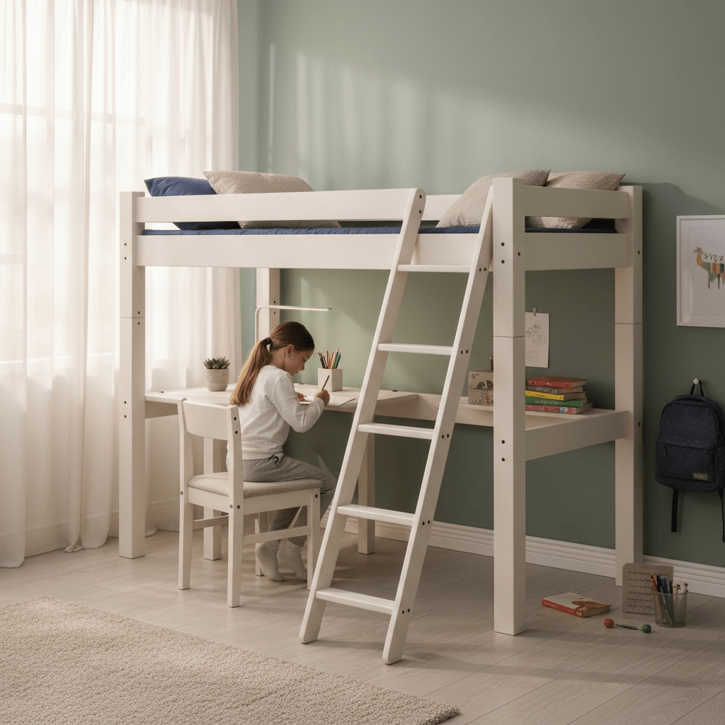 Lahe - High bed with slant ladder and corner table top - 90x200 cm - White in a stylish child's room with a desk.