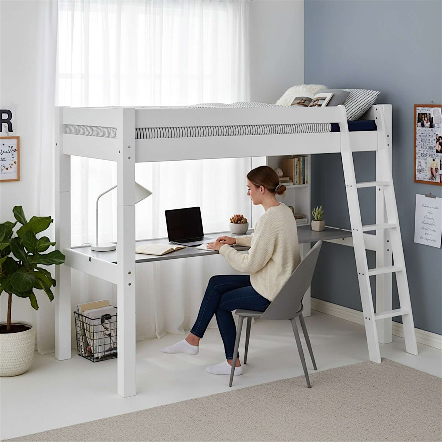Lahe - High bed with slant ladder and table top - 90x200 cm - White in a modern bedroom setup with workspace.