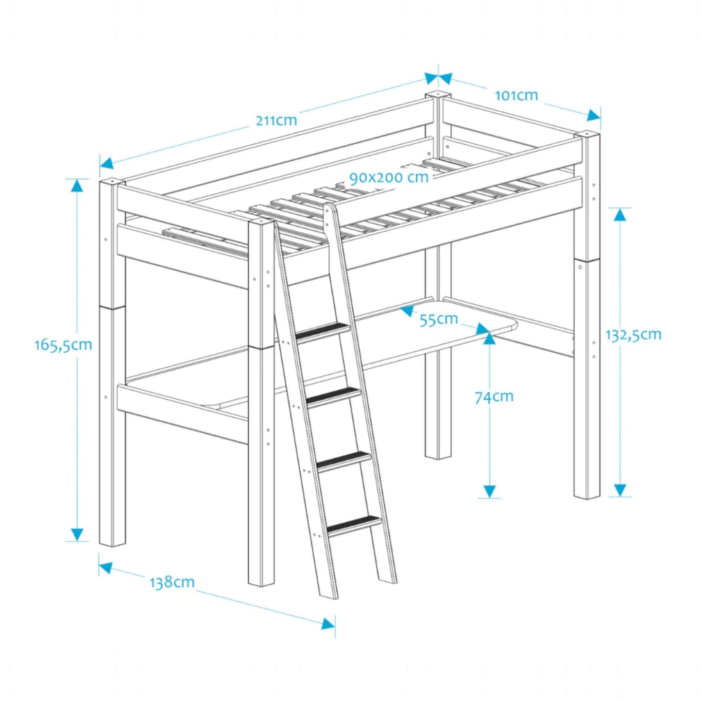 Lahe - High bed with slant ladder and table top - 90x200 cm - White dimensions and design illustration.