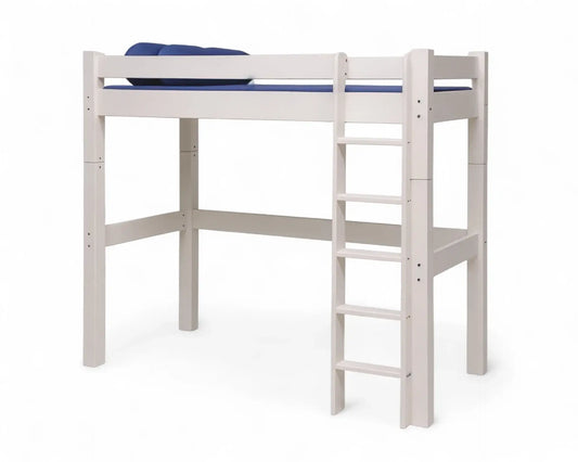 Lahe - Highbed with straight ladder - 90x200 cm - White featuring a sturdy design and functional staircase.