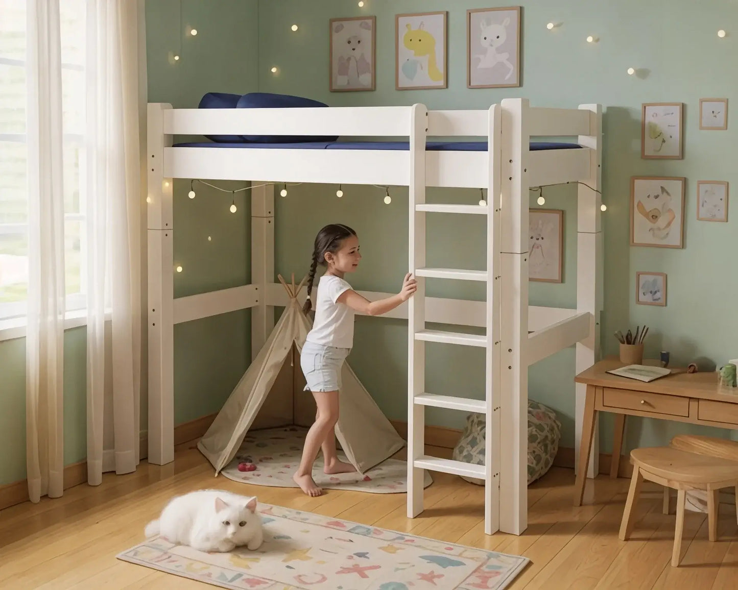 Lahe - Highbed with straight ladder - 90x200 cm - White in a stylish children's room with natural wood decor.