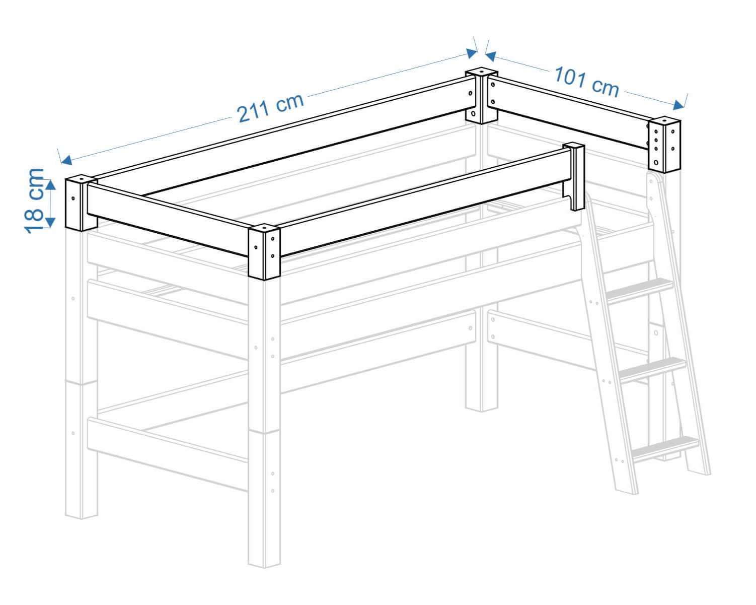 Lahe - Safety barrier all around - 90x200 cm design illustration with dimensions for a high bed safety rail.
