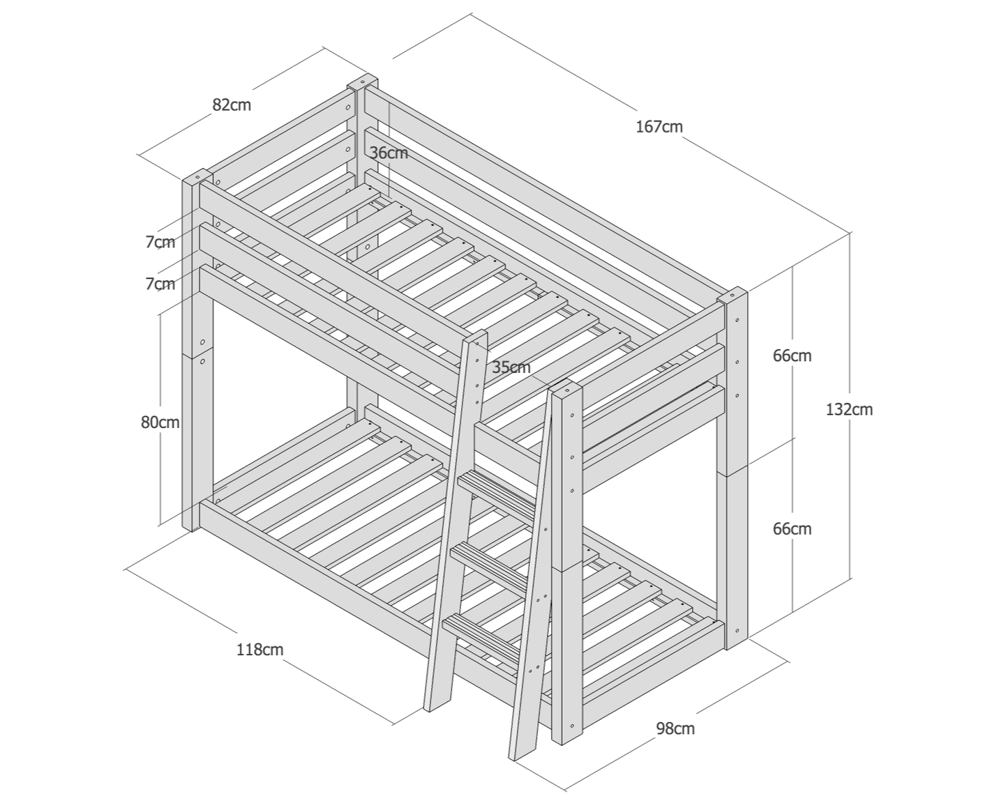 Leevi - Bed 3-in-1 - 70x160 - White dimensions showing bunk bed design and specifications.