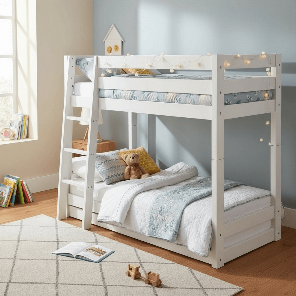 Leevi - Bed 3-in-1 - 70x160 - White displayed in a bright children's room with cozy bedding and a playful atmosphere.