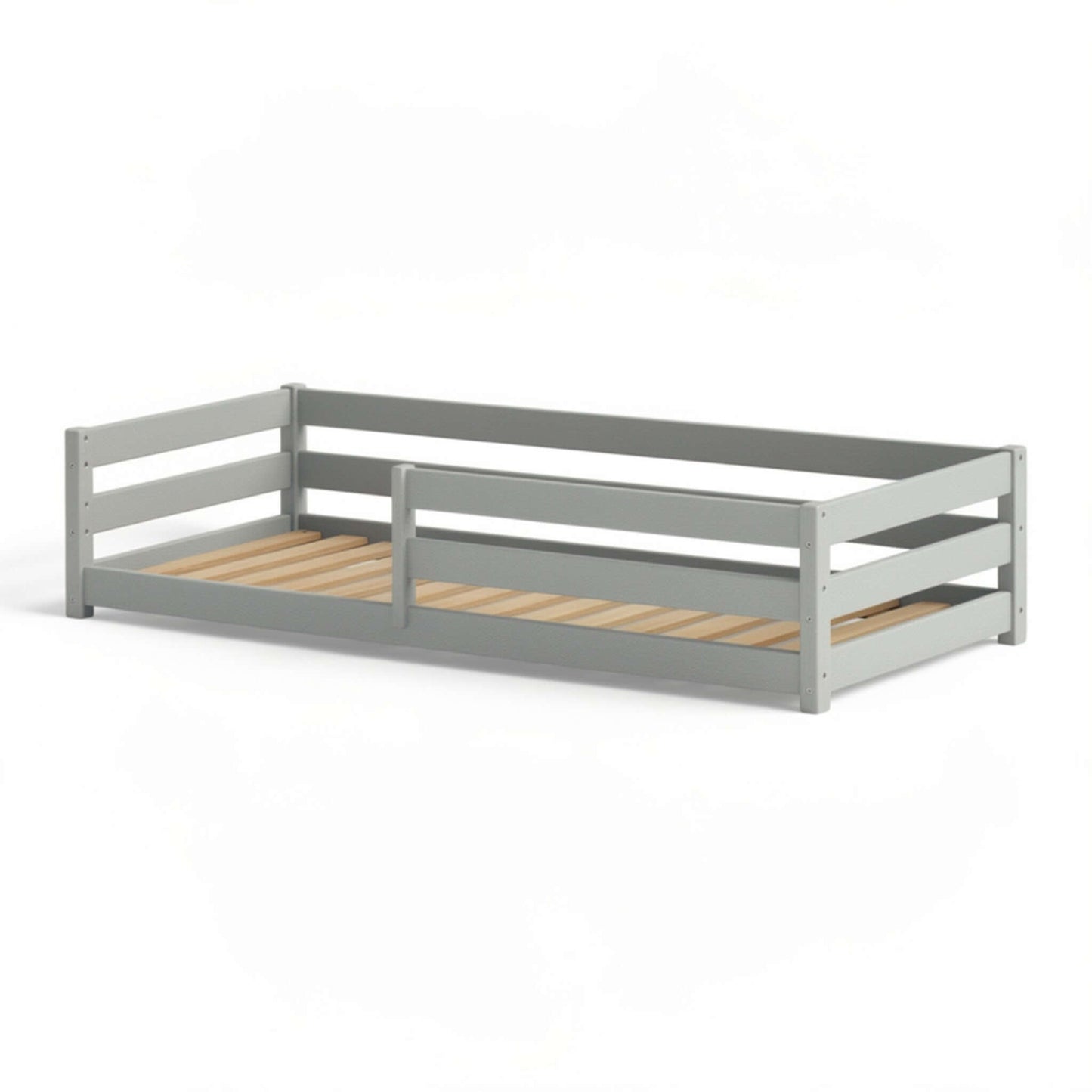 LILY | Kids' Floor Bed in gray, Montessori-inspired design for safe and independent sleeping environment.