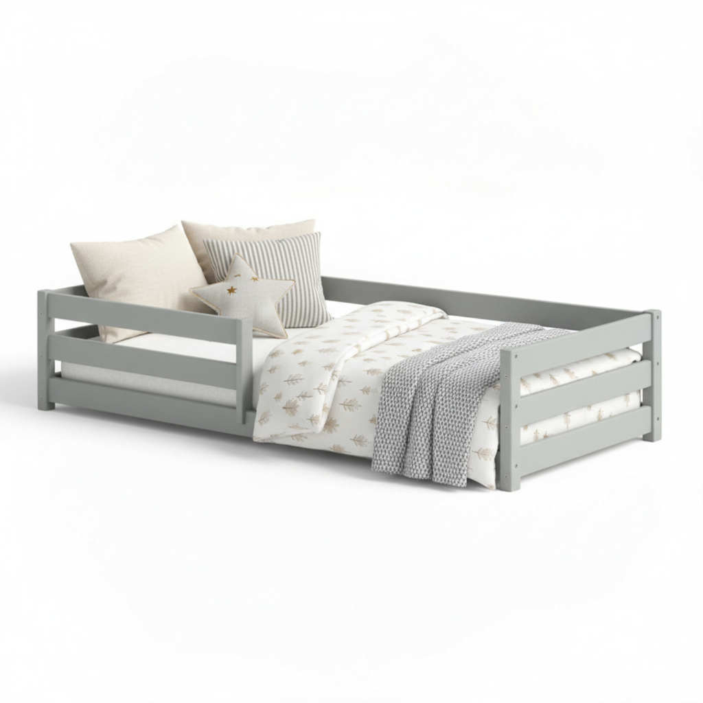 LILY | Kids' Floor Bed with soft bedding and pillows in a calming, natural environment.