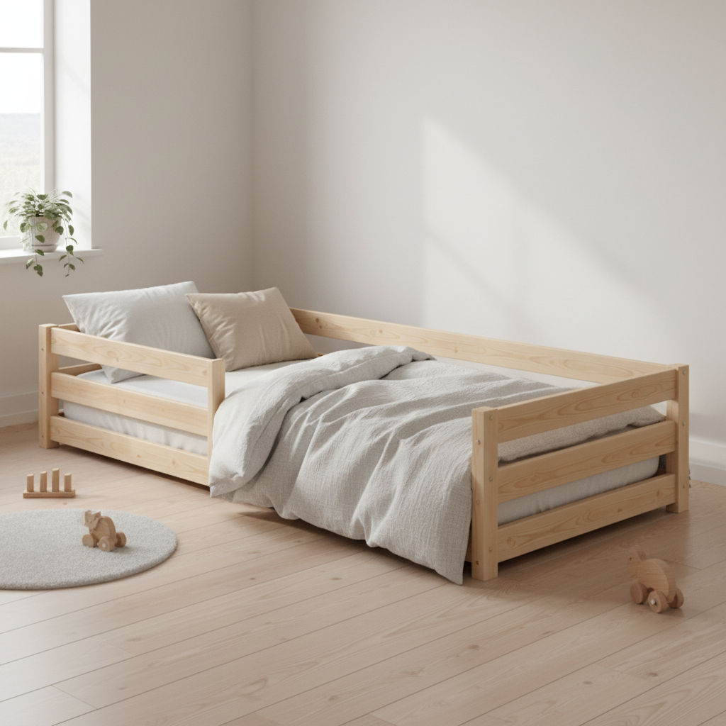 LILY | Kids' Floor Bed featuring a natural wood finish with soft bedding and a cozy atmosphere.