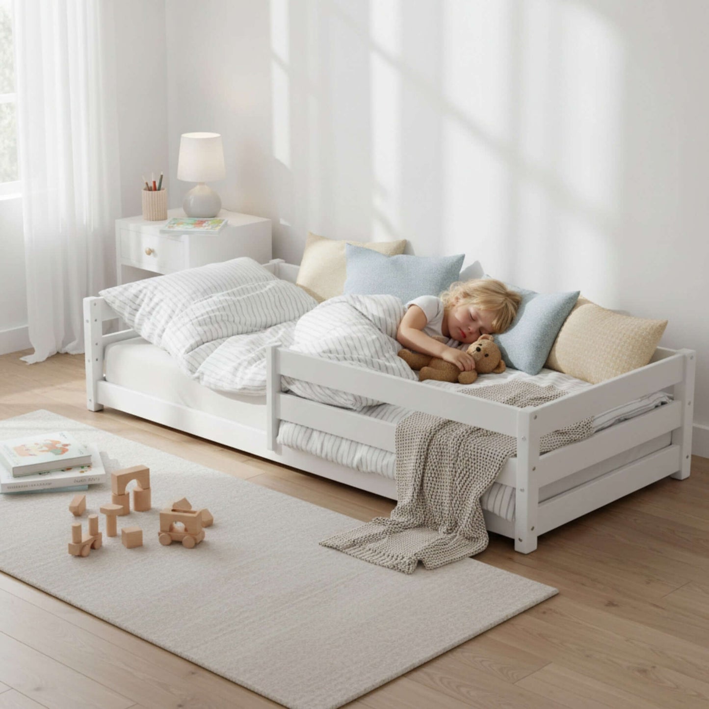 Lily - Kids' Floor Bed featuring a child sleeping peacefully in a cozy room with soft bedding and decorative pillows.