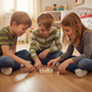 Children playing the Board game - Ludo on the floor, focused on their game pieces and dice.