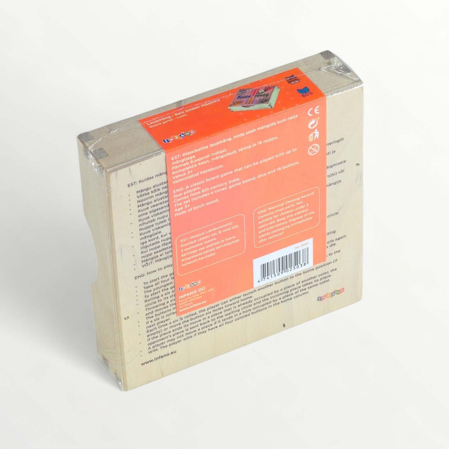 Product packaging of the Board game - Ludo showing details and game instructions.