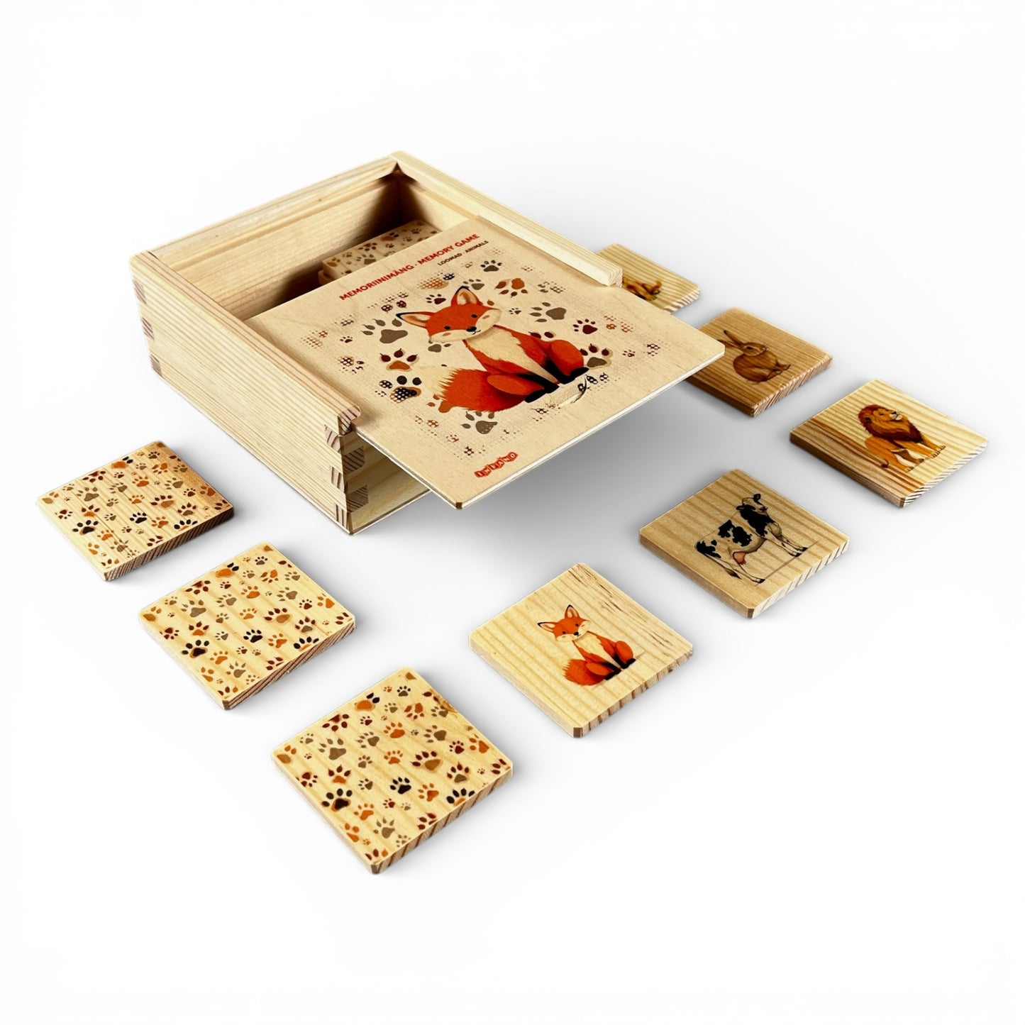 Memory game - Animals featuring wooden cards with animal designs and a storage box.