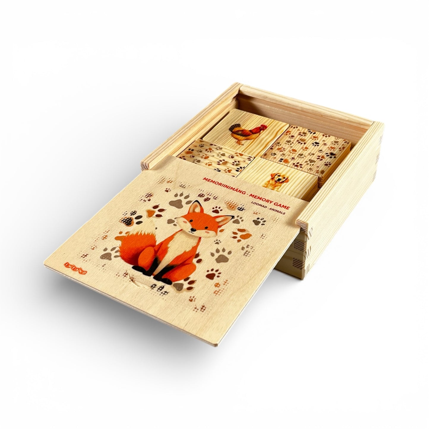 Memory game - Animals wooden box and cards featuring cute animal designs for kids' educational play.