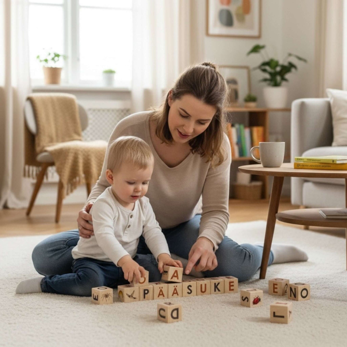 Nature Alpabet Blocks - Estonian Alphabet - Set of 30 being used by a mother and child during playtime.