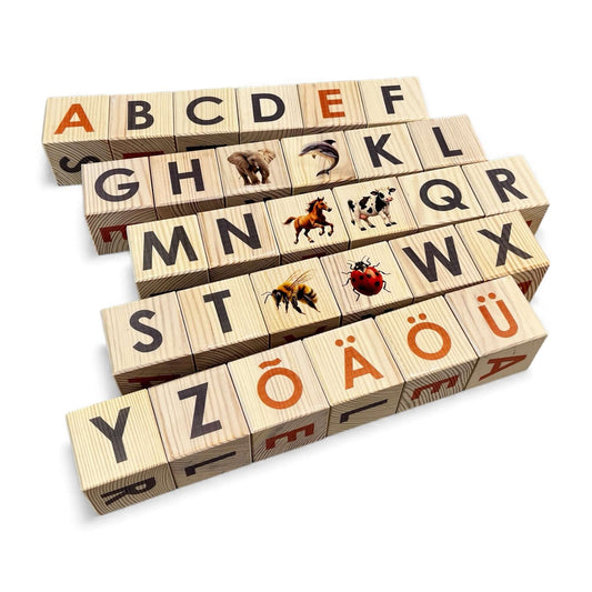 Nature Alphabet Blocks - Estonian Alphabet - Set of 30 featuring letters and animal images on wooden blocks.