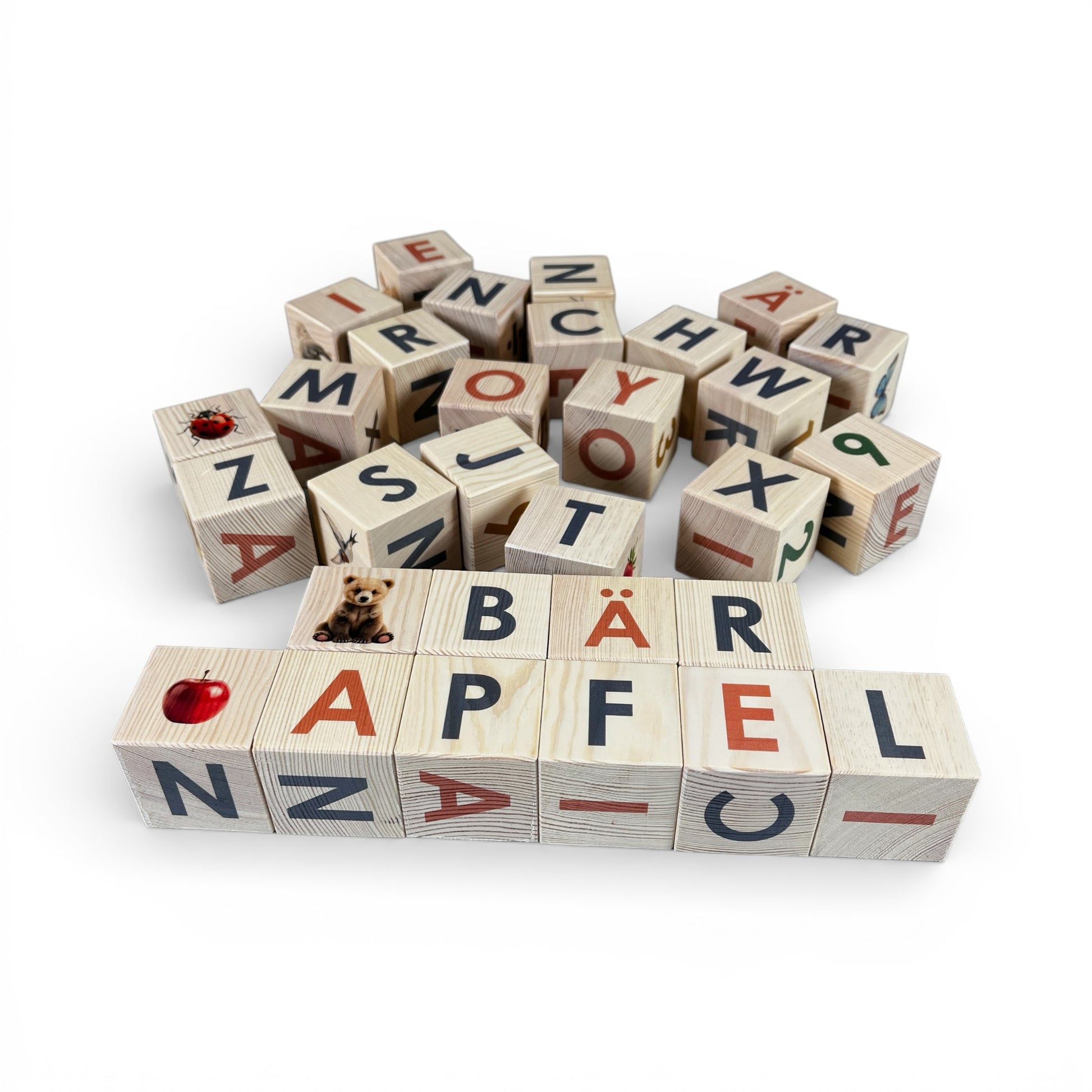 Nature Alphabet Blocks - German alphabet - Set of 30, educational wooden blocks with letters and images.