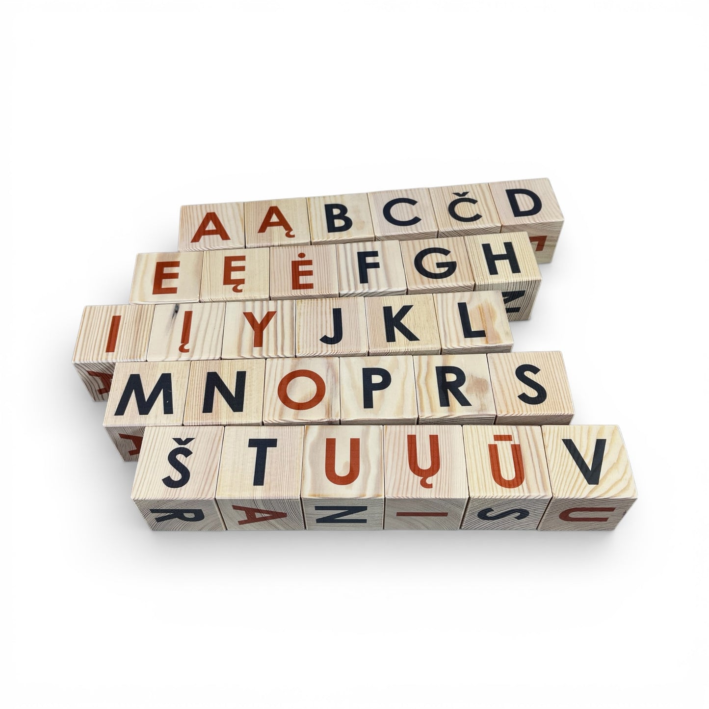 Nature Alphabet Blocks - Latvian alphabet - Set of 30 featuring colorful letters on wooden blocks.