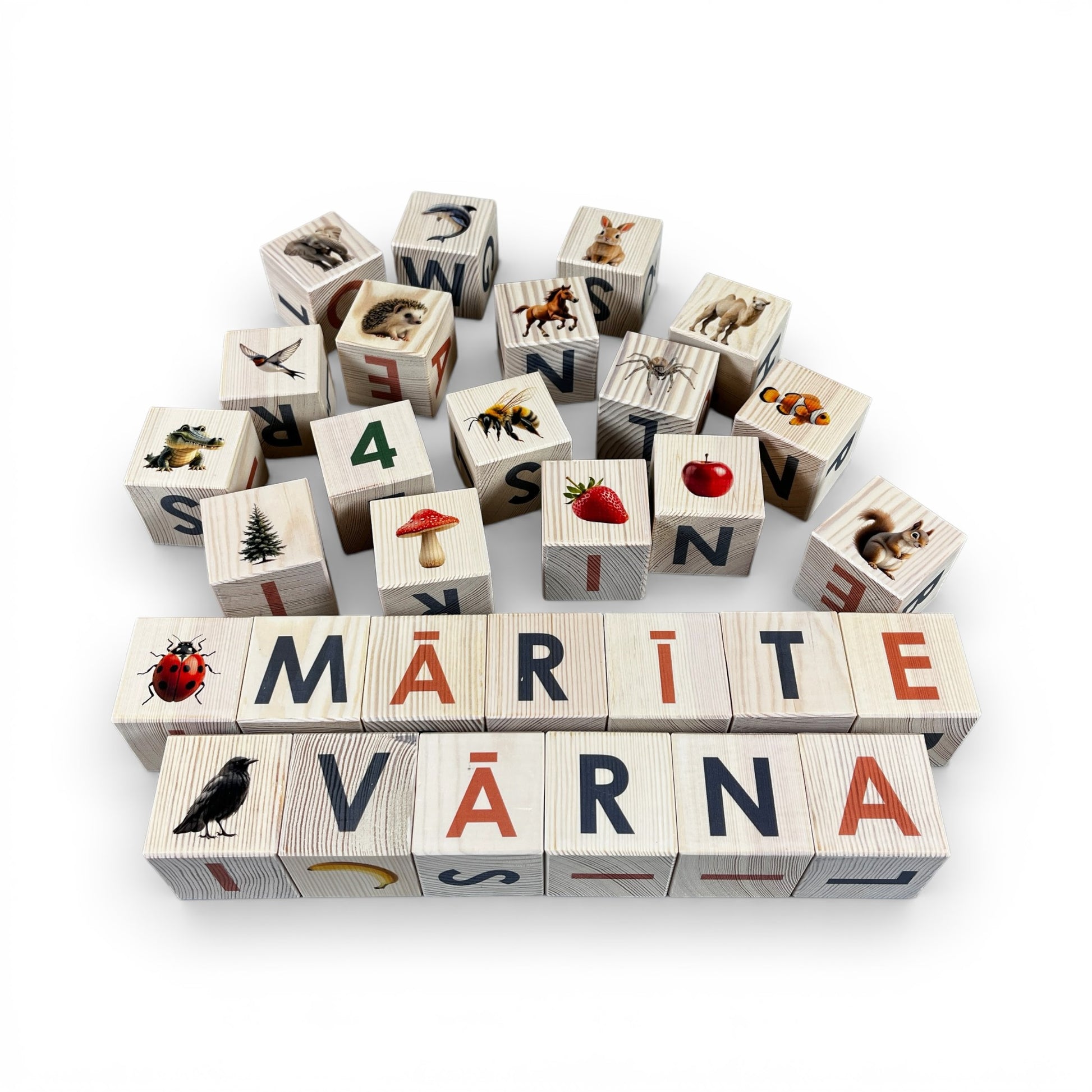 Nature Alphabet Blocks - Latvian alphabet - Set of 30 featuring animal images and colorful letters.