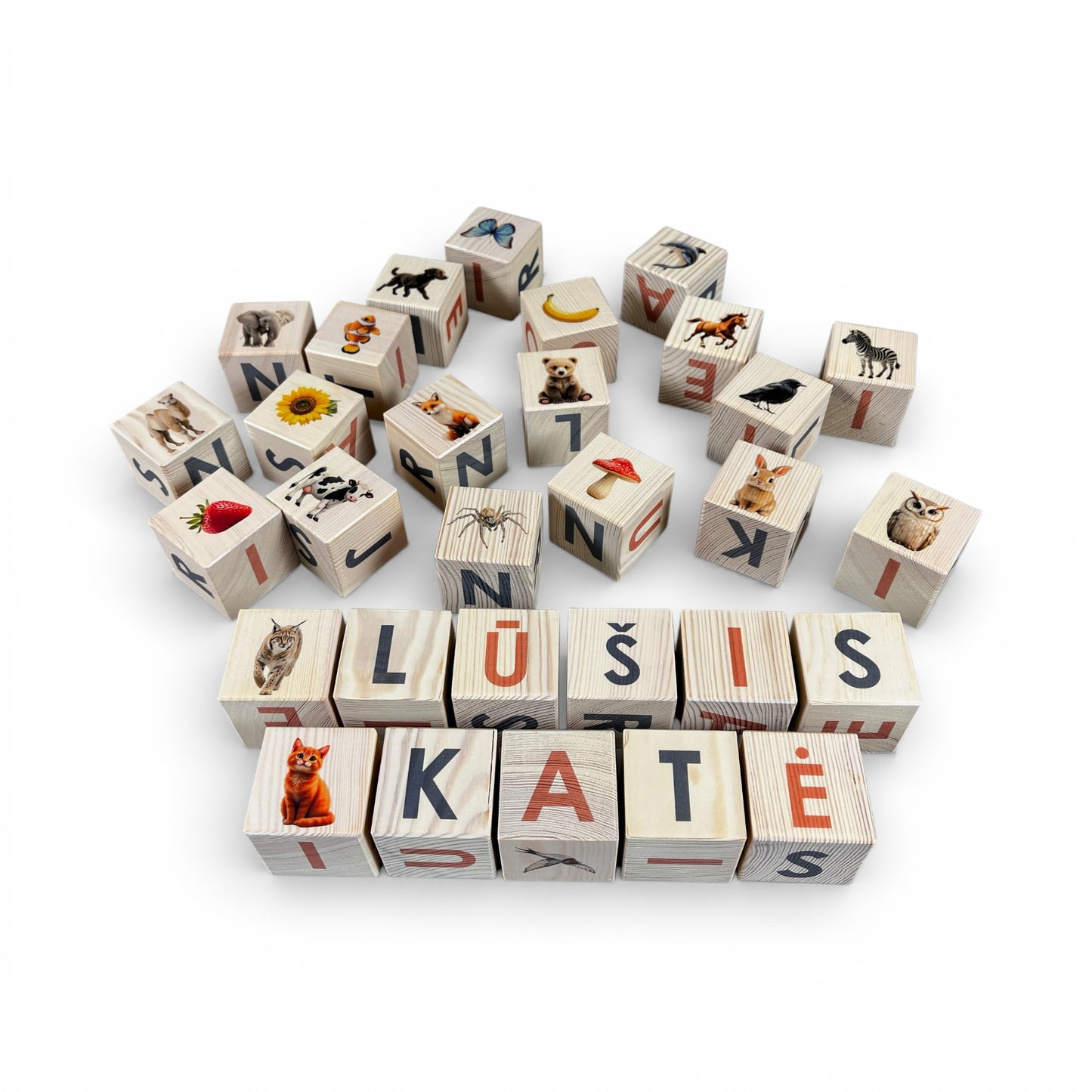 Nature Alphabet Blocks - Lithuanian alphabet - Set of 30 featuring animals and letters on wooden blocks