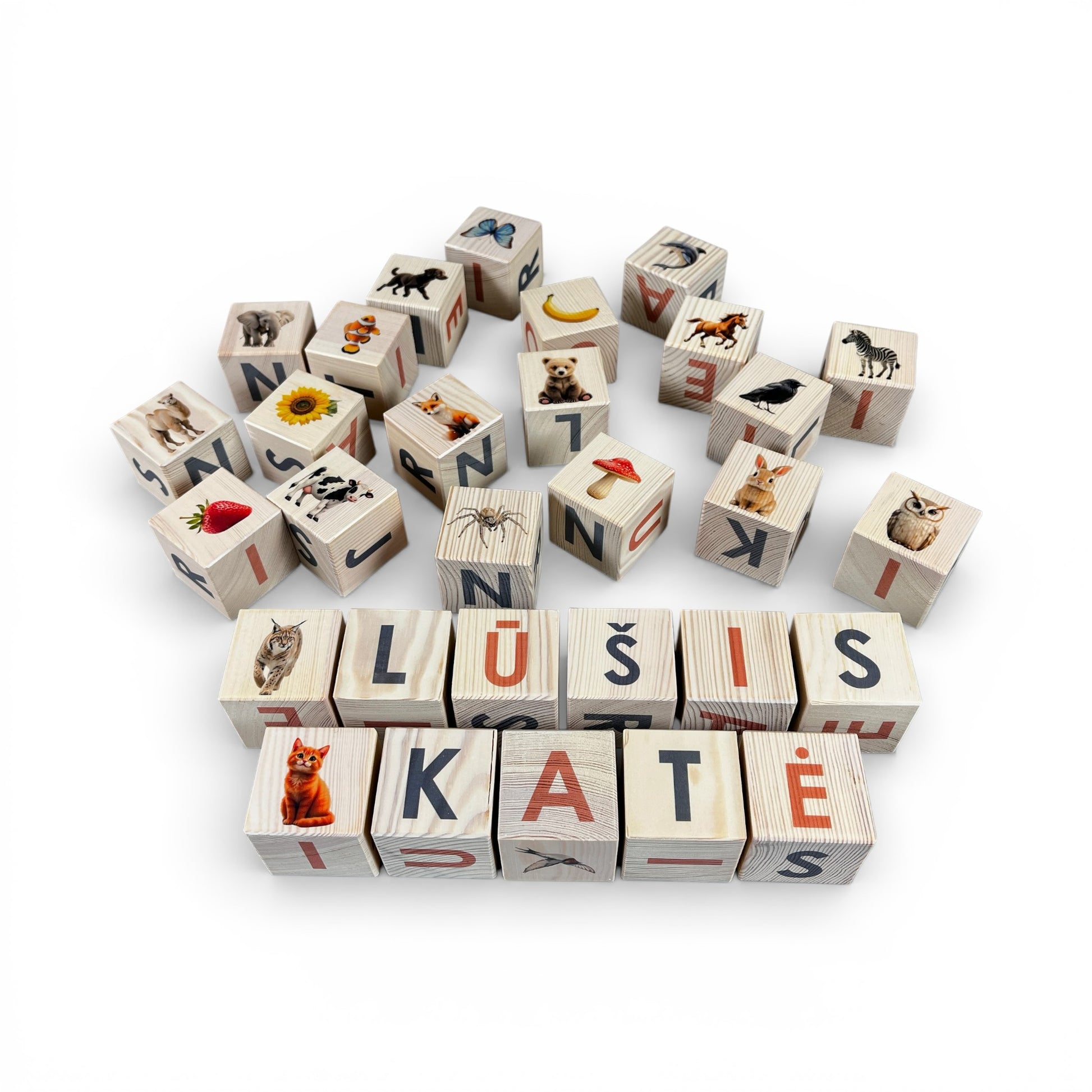 Nature Alphabet Blocks - Lithuanian alphabet - Set of 30 featuring animals and letters on wooden blocks