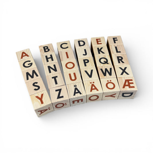 Nature Alphabet Blocks - Nordic Letter Set - Set of 30 featuring wooden blocks with Nordic letters and symbols.