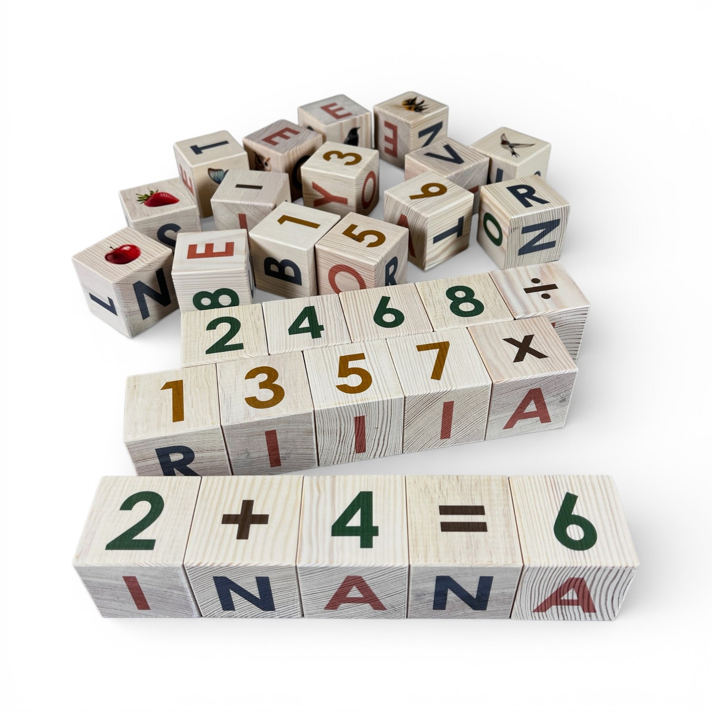 Nature Alphabet Blocks - Nordic Letter Set - Set of 30 featuring colorful letters, numbers, and educational symbols.