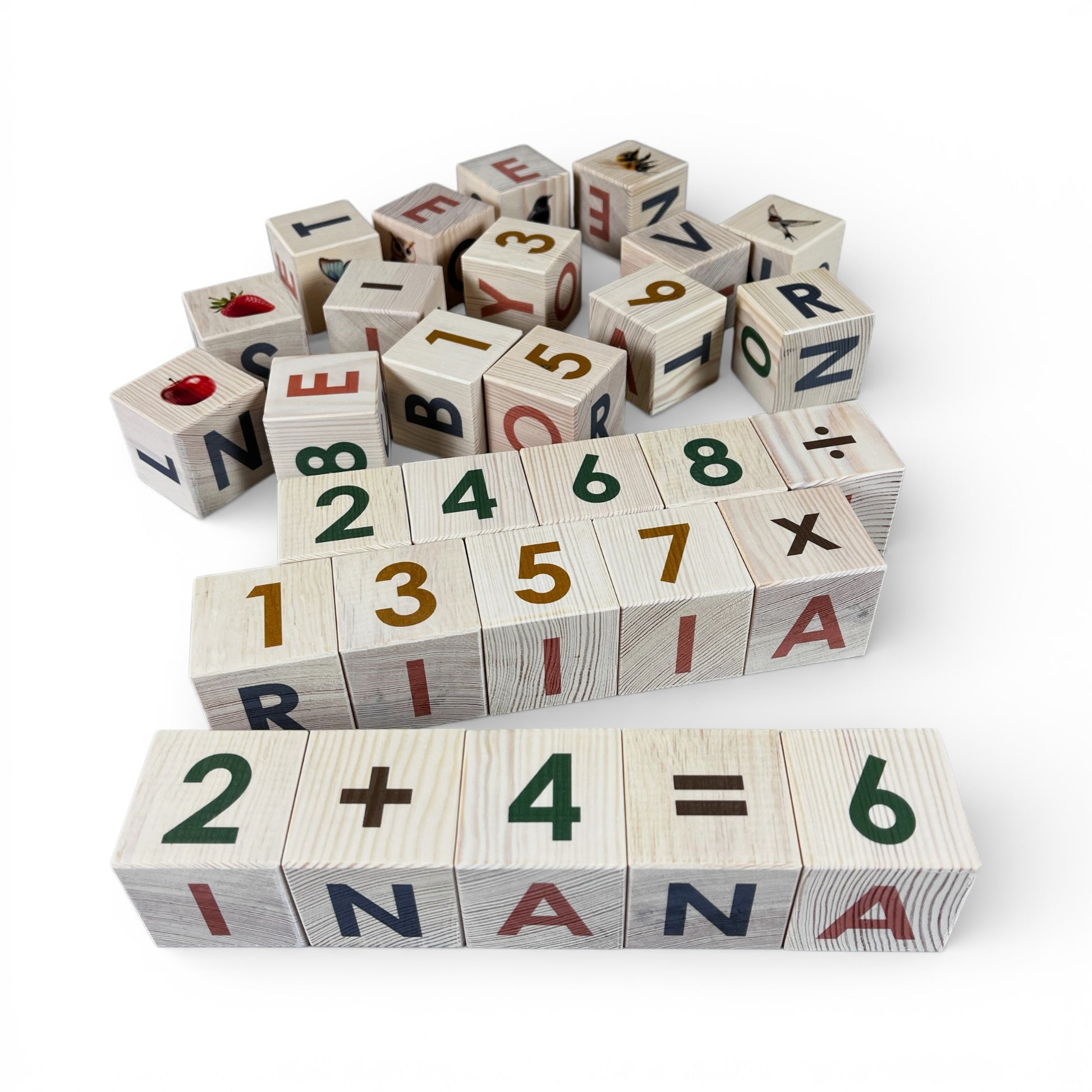 Nature Alphabet Blocks - Nordic Letter Set - Set of 30 featuring colorful letters, numbers, and educational symbols.