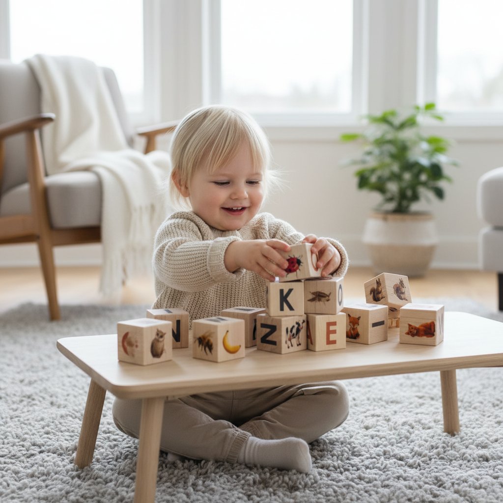 Child playing with Nature Alphabet Blocks - Nordic Letter Set - Set of 30, developing motor skills in bright, cozy room.