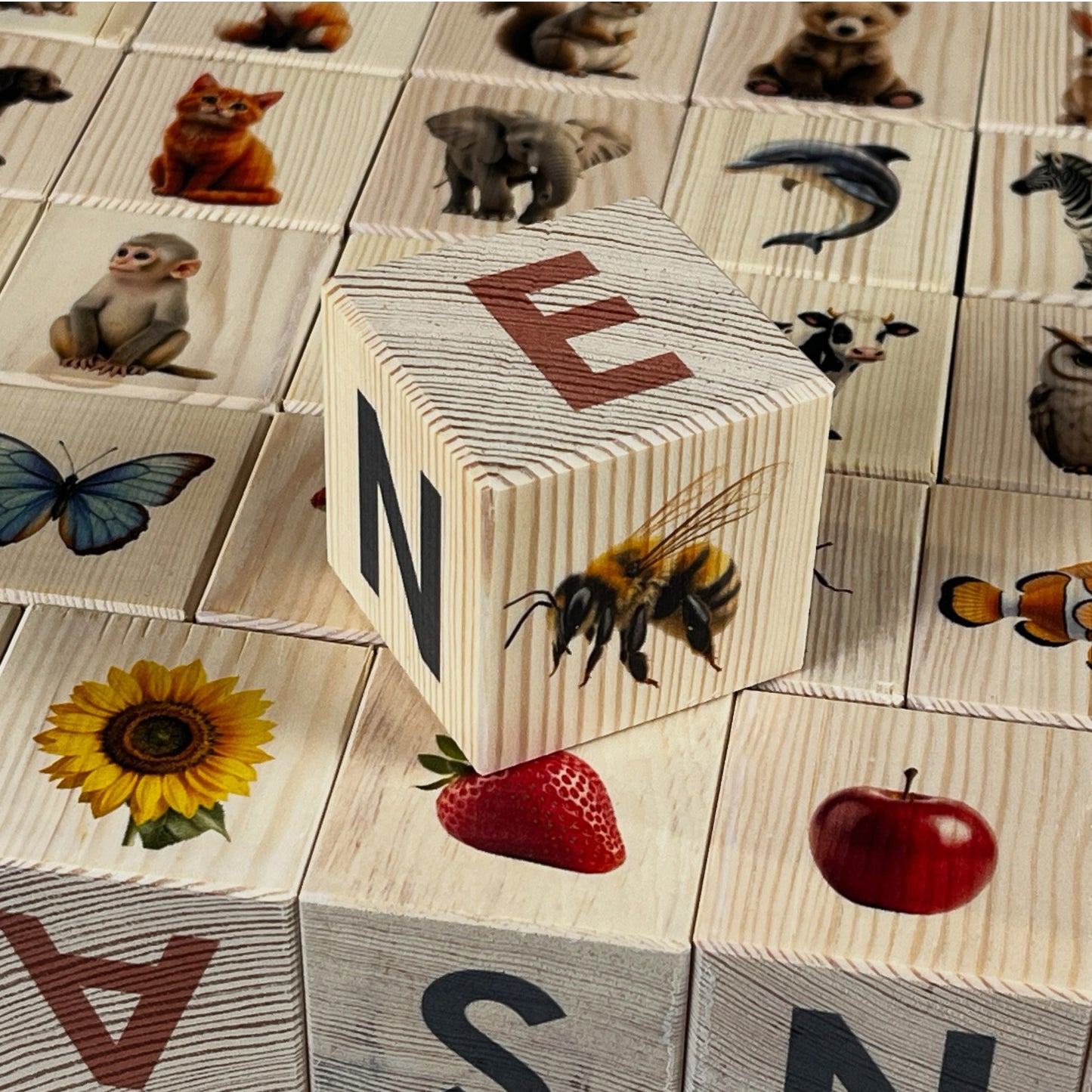 Nature Alphabet Blocks - Nordic Letter Set - Set of 30 with animal images and letters on wooden blocks.