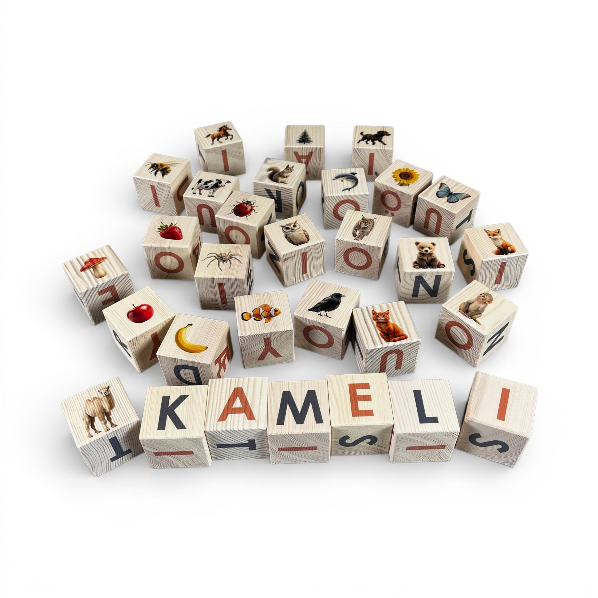 Nature Alphabet Blocks - Nordic Letter Set - Set of 30 featuring animal images and letters on solid wooden blocks.