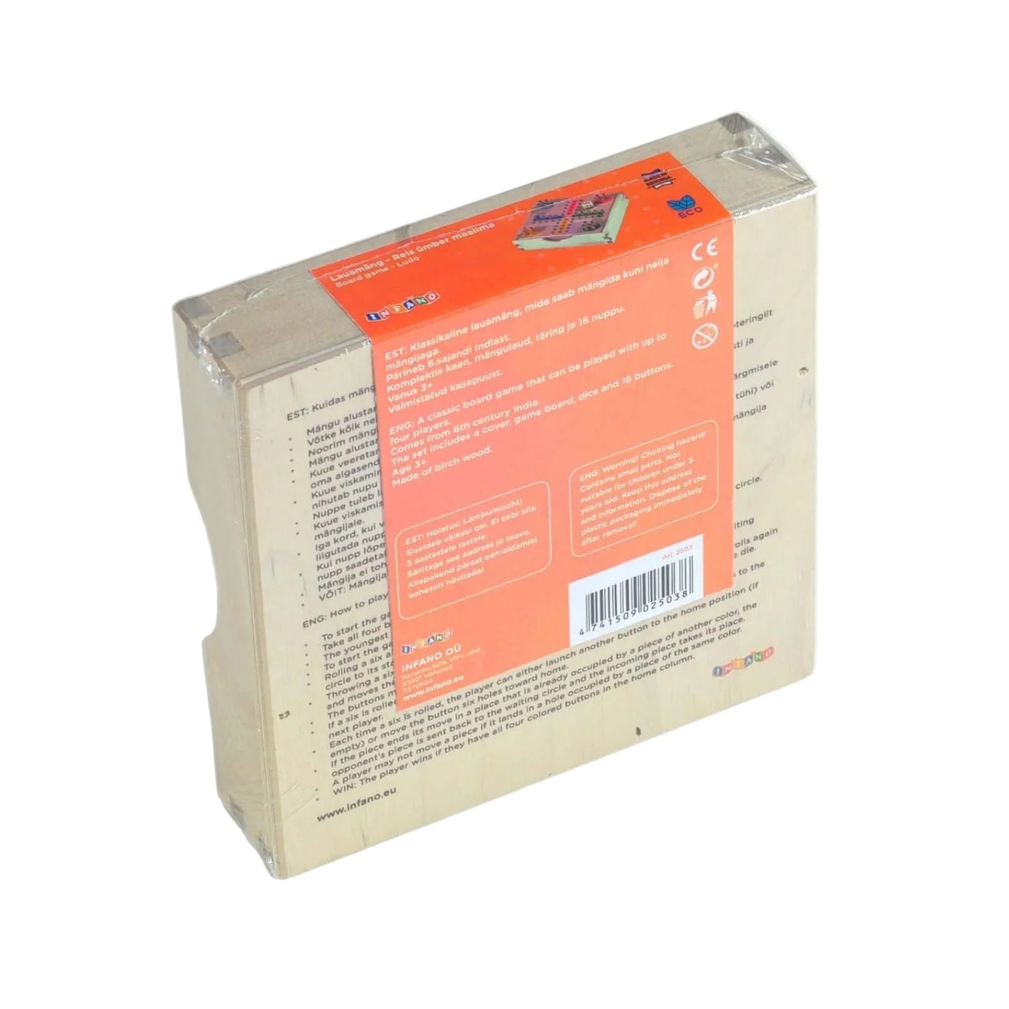 Board game - Ludo game packaging showing detailed information and contents.