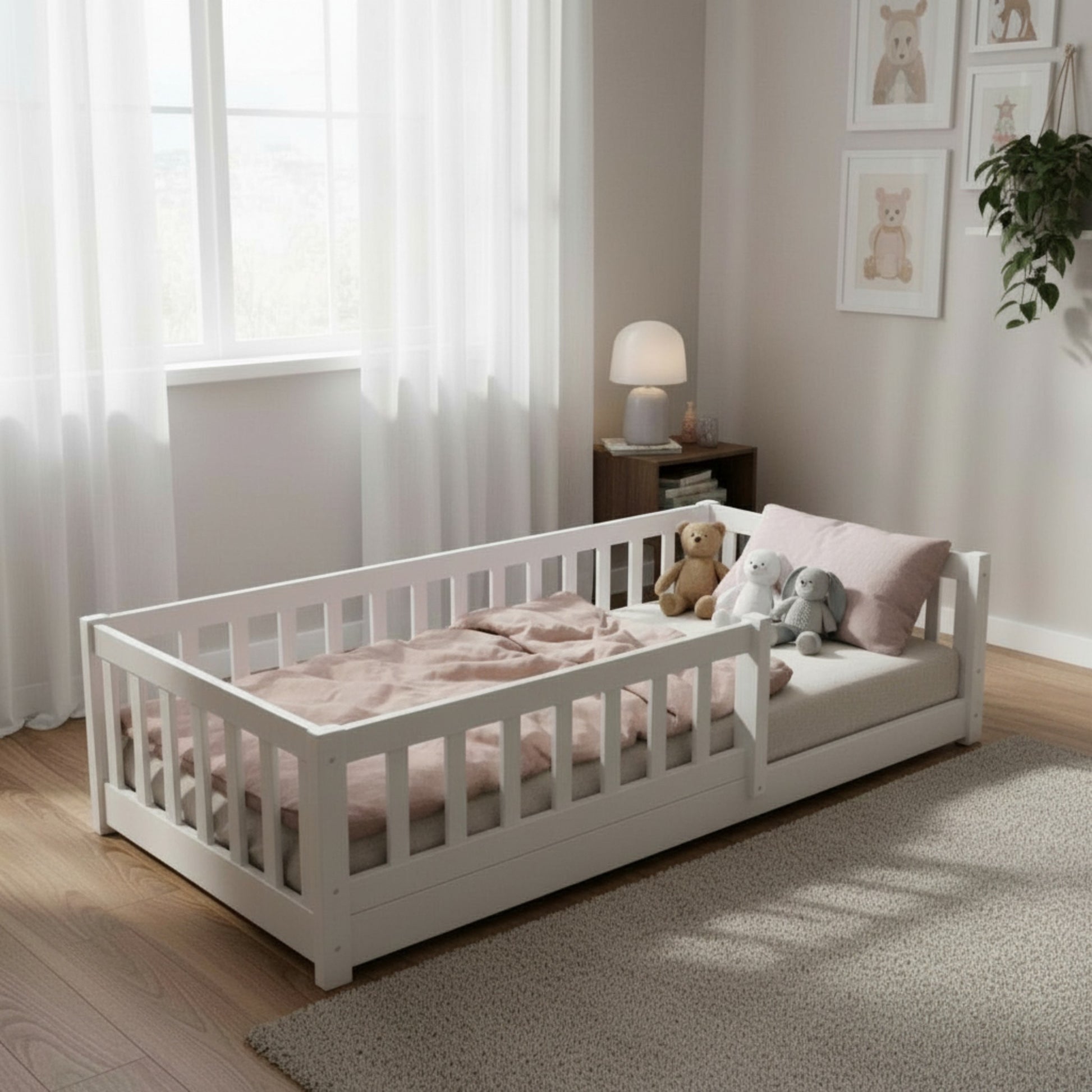 Rose | Floor Bed | Montessori Bed with Safety Rails | 90x200 cm in a cozy child's room with soft decor.