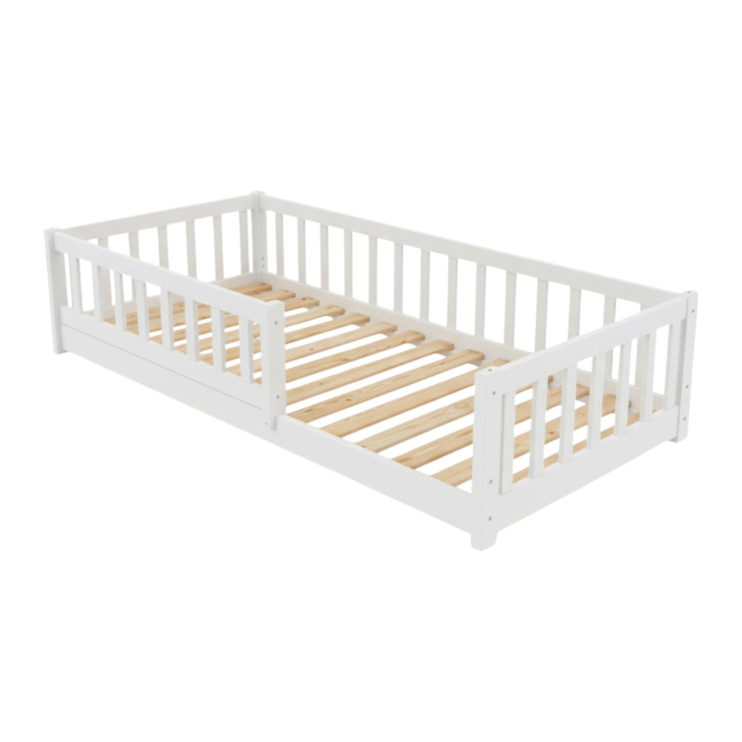 Rose | Floor Bed | Montessori Bed with Safety Rails | 90x200 cm in white with slatted base.