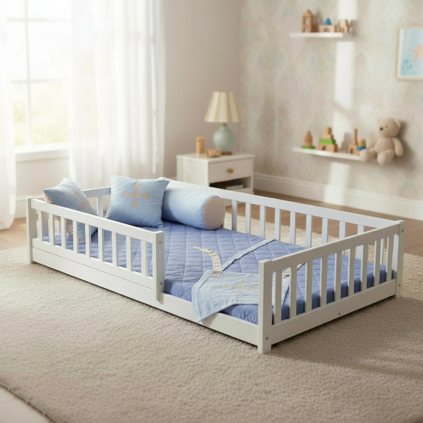 Rose | Floor Bed | Montessori Bed with Safety Rails | 120x200 cm in a cozy child’s room with soft bedding.