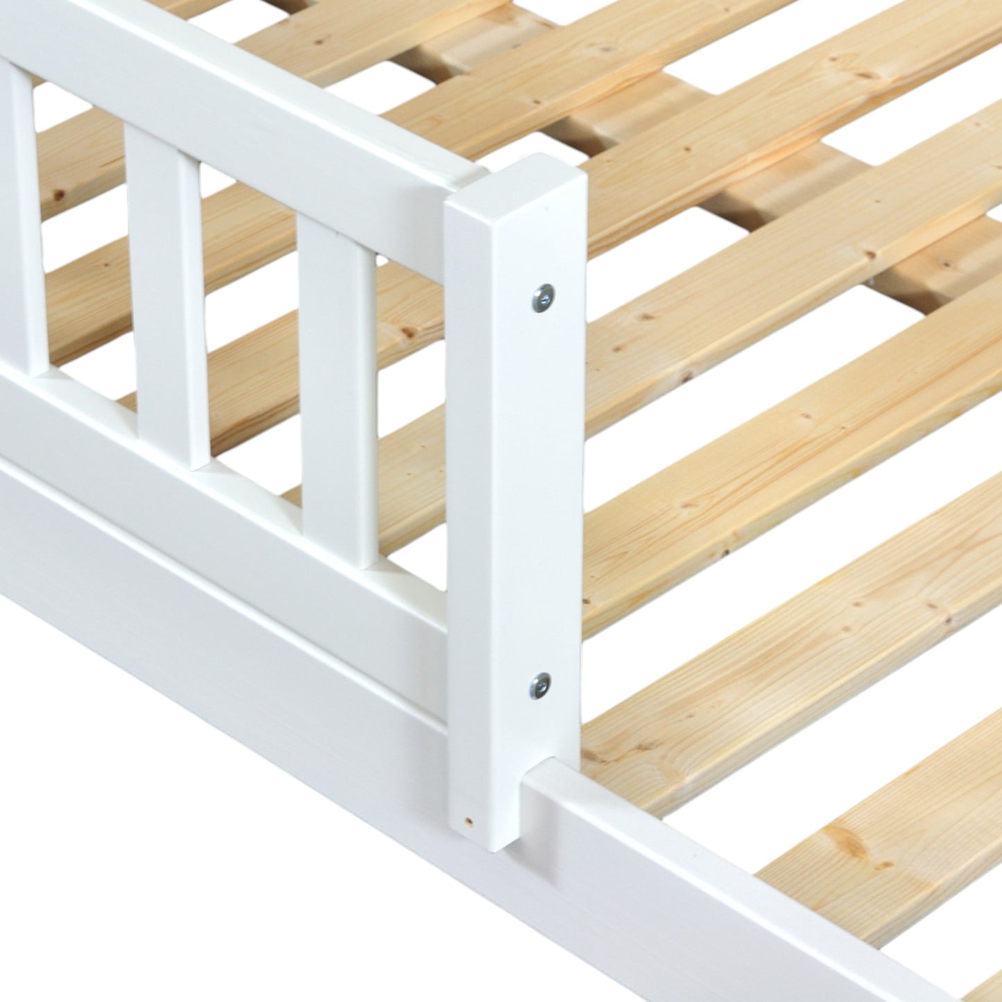 Rose | Floor Bed | Montessori Bed with Safety Rails | 120x200 cm side view showing slats and safety rail