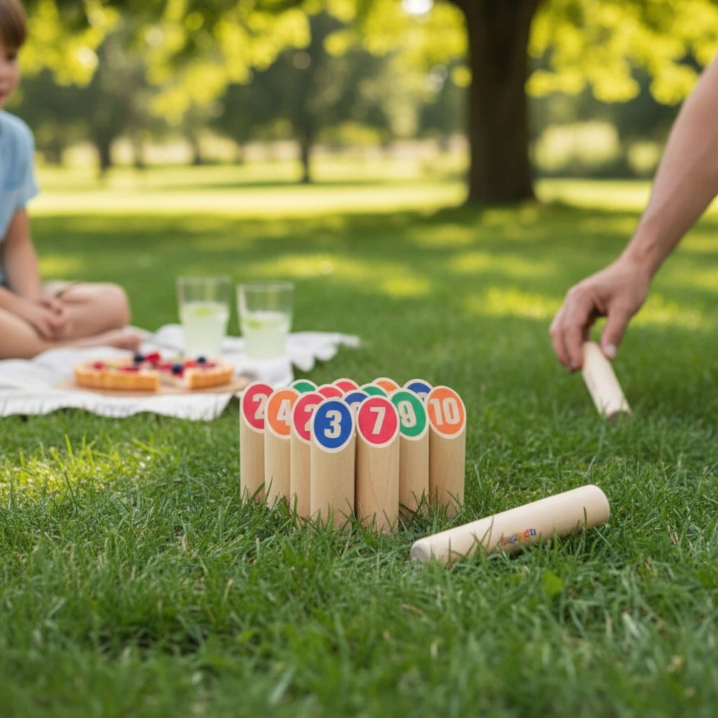 Throwing game - Scatter set with numbered sticks on grass; children enjoying outdoor play.