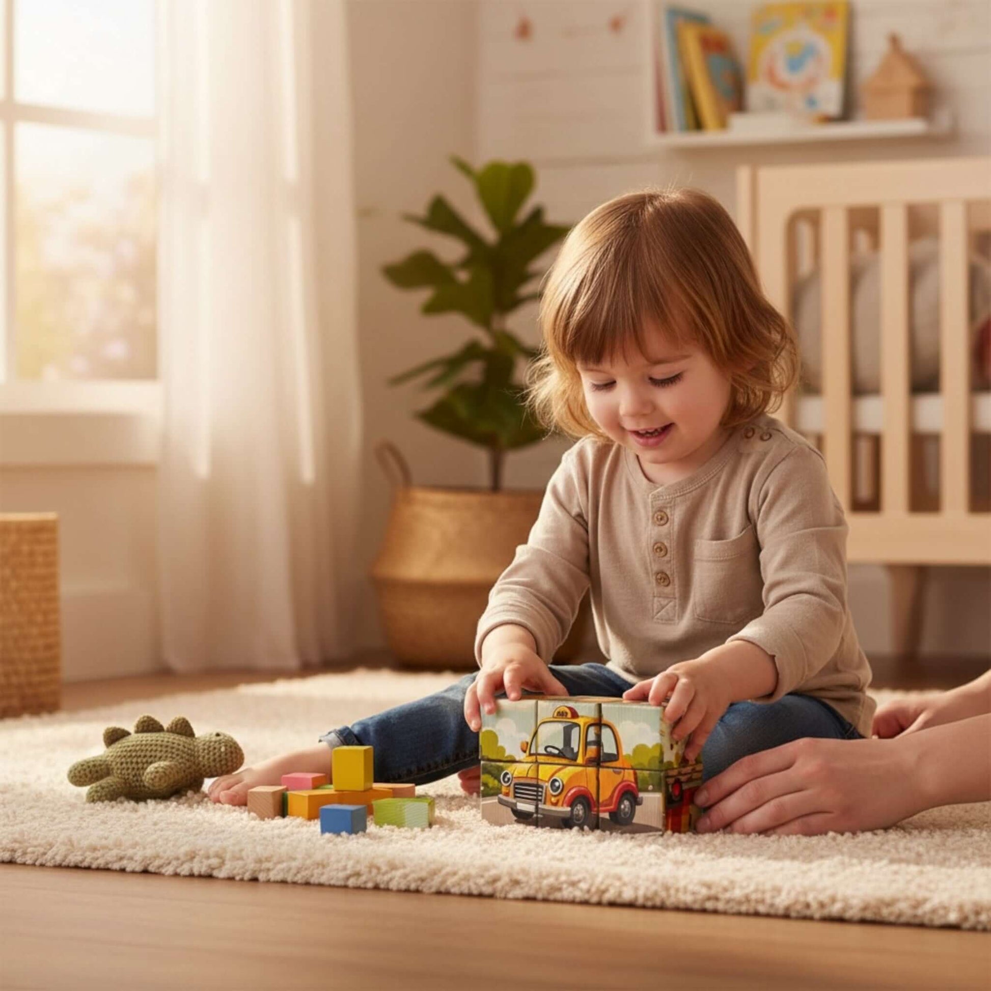 Child playing with Vehicle Picture Blocks – Set of 6 wooden puzzle blocks for building vehicle images.