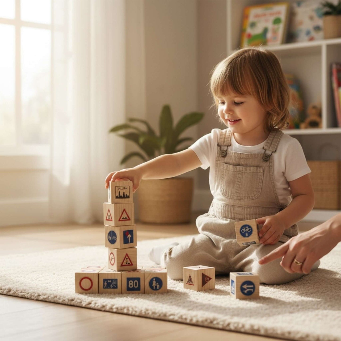Child playing with wooden blocks in a bright room