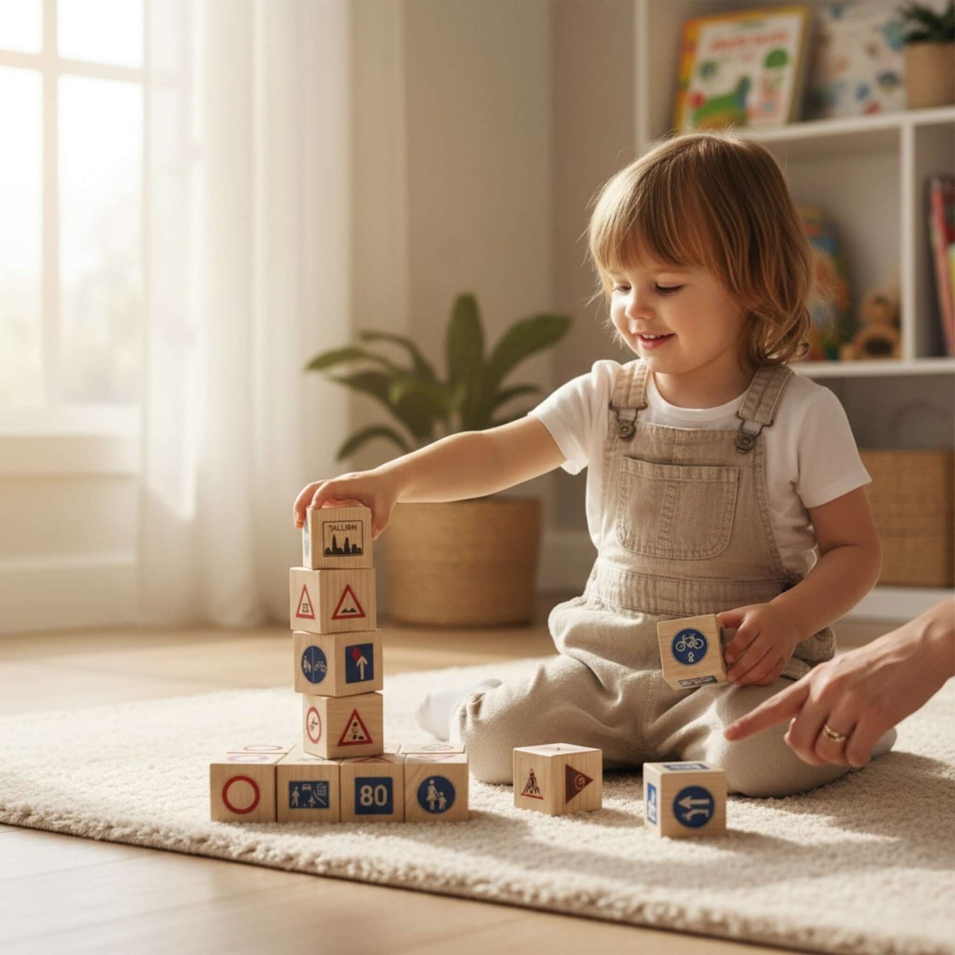 Child playing with wooden blocks in a bright room