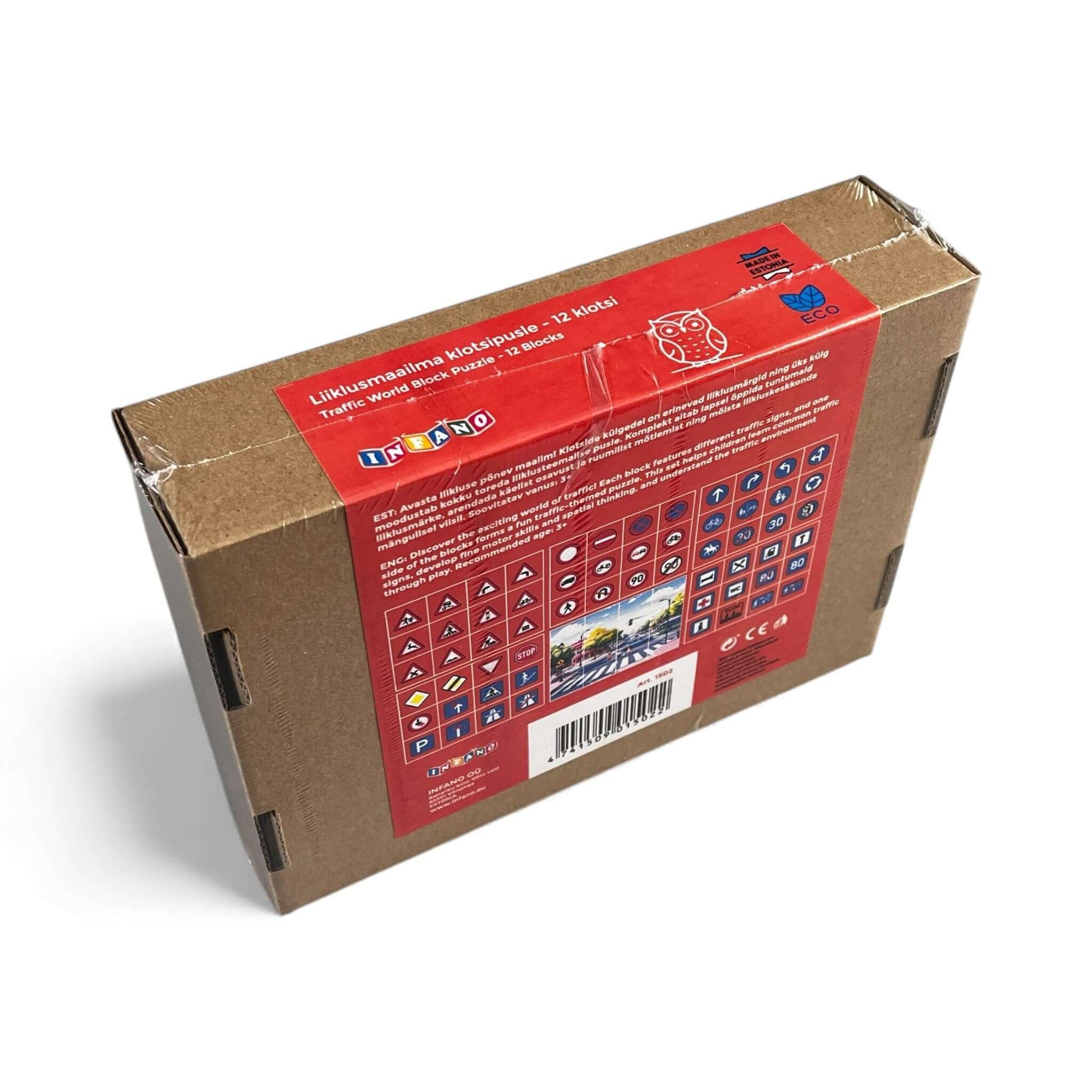 Traffic World Block Puzzle - 12 Blocks packaging featuring traffic signs and educational descriptions.