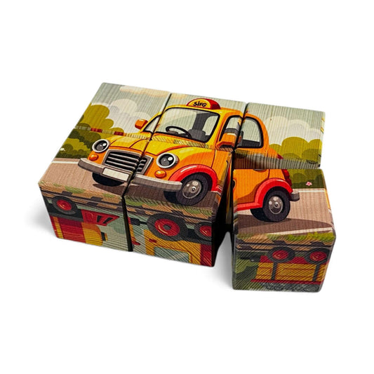 Vehicle Picture Blocks – Set of 6 featuring an orange truck puzzle for children to build and explore vehicles.