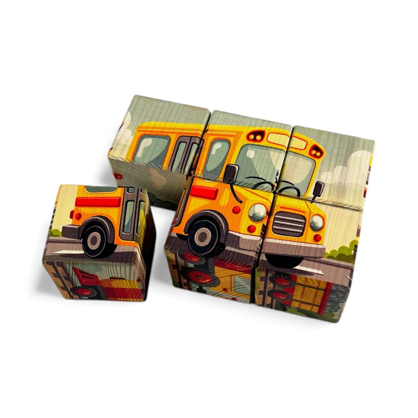 Vehicle Picture Blocks – Set of 6 featuring a colorful bus puzzle design made of wooden blocks.