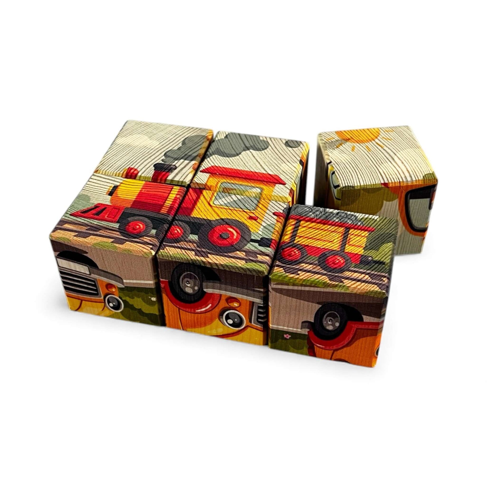 Vehicle Picture Blocks – Set of 6 featuring colorful vehicle puzzle blocks for children to build and explore.