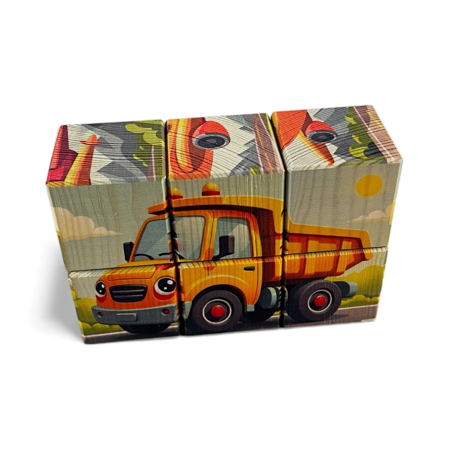 Vehicle Picture Blocks – Set of 6 showing a colorful truck puzzle made of wooden blocks.