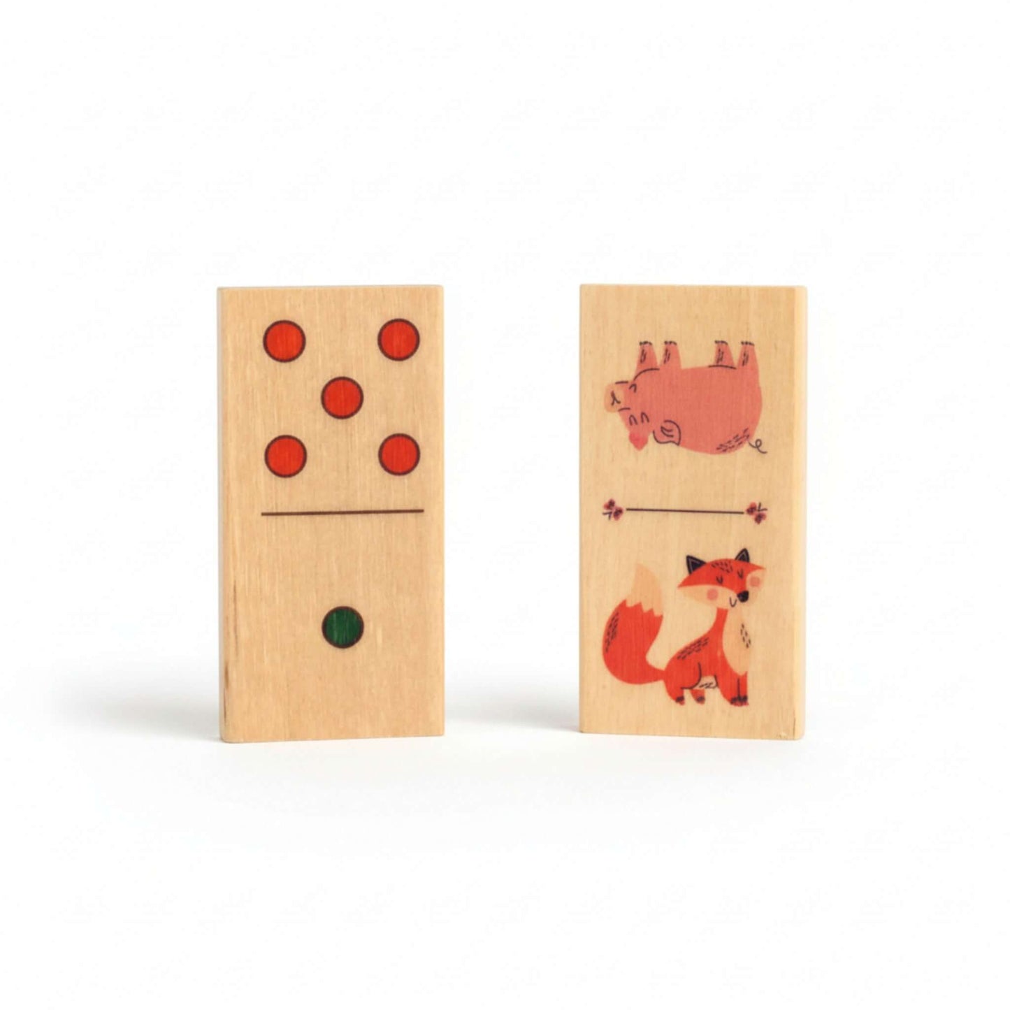 Board game - Dominoes - Animals and dots featuring wooden pieces with animal pictures and colorful dots.