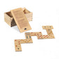 Board game - Dominoes - Animals and dots laid out on a table with a wooden box and instructions in the background.