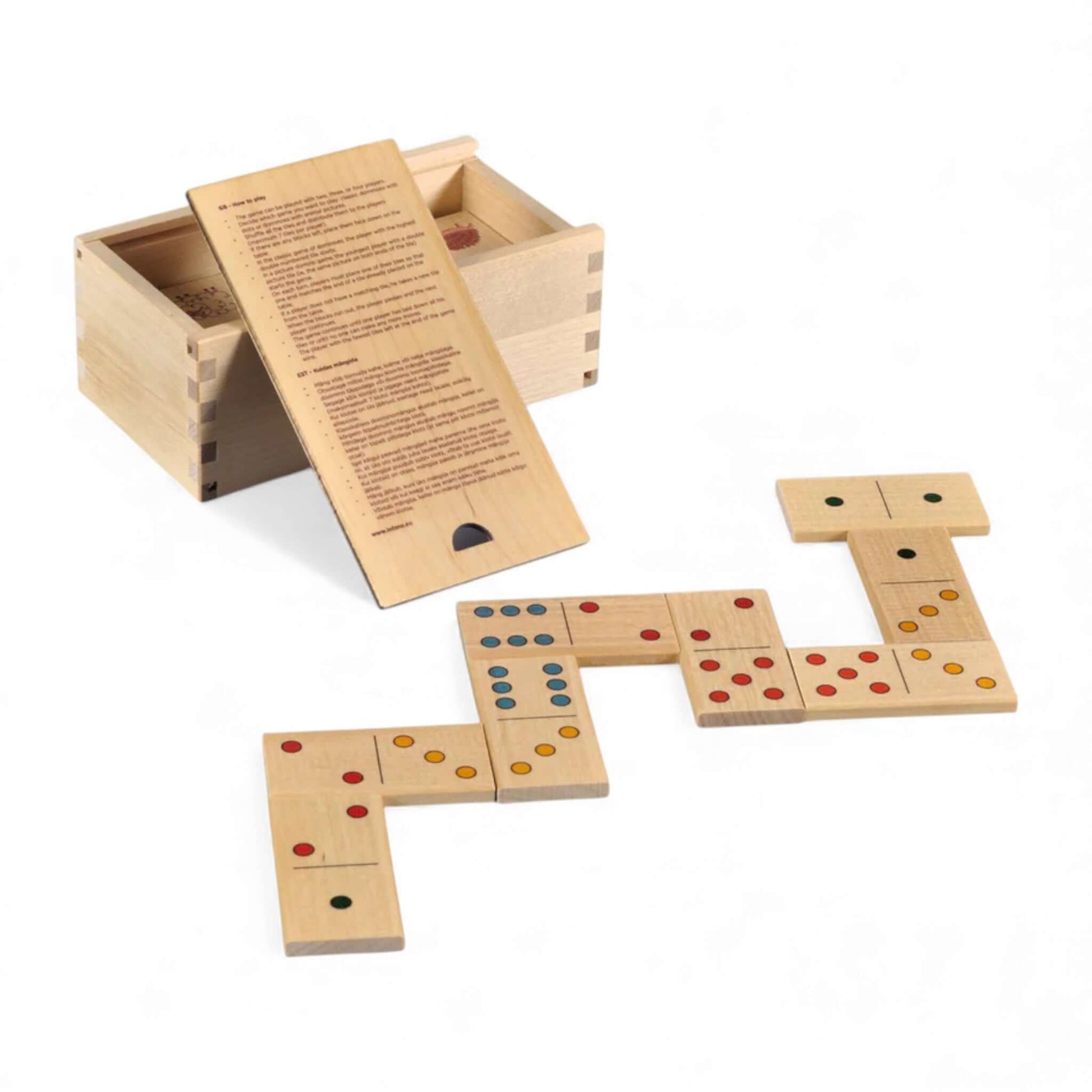 Board game - Dominoes - Animals and dots displayed with colorful dots and a wooden storage box.