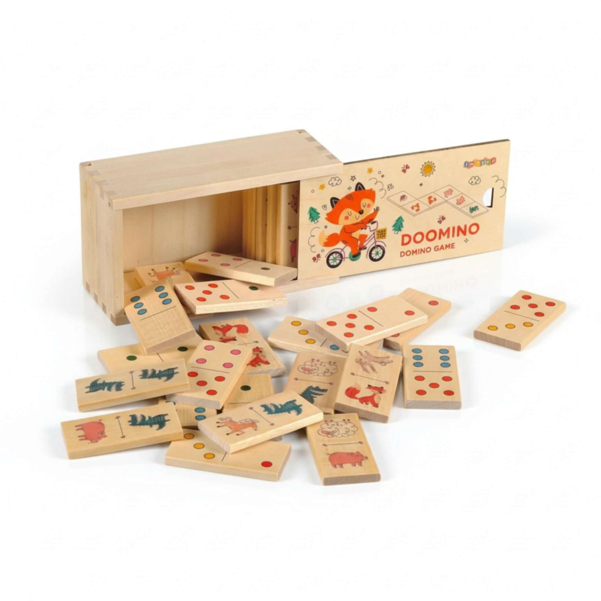 Board game - Dominoes - Animals and dots with wooden pieces and box.