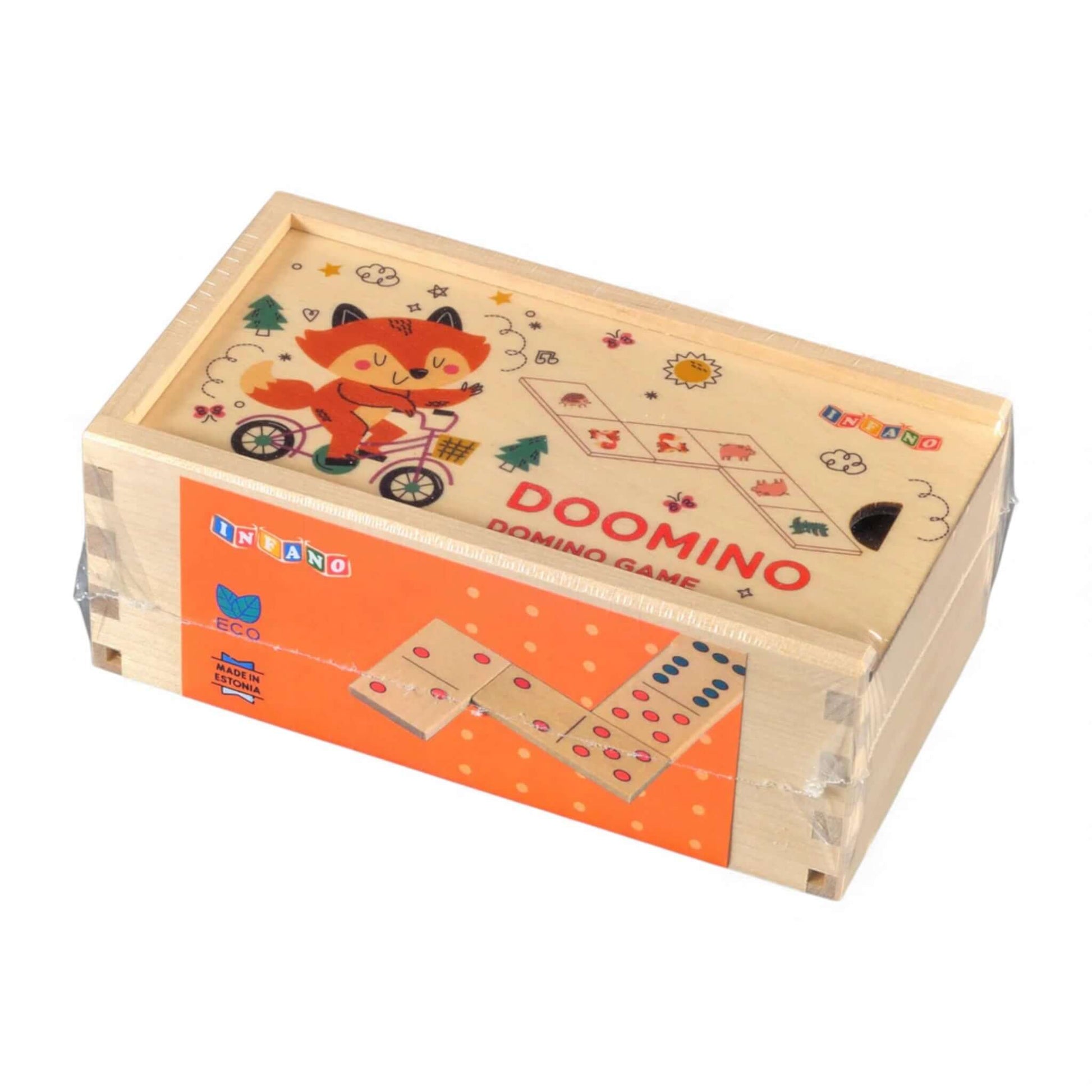 Board game - Dominoes - Animals and dots box featuring a colorful fox design on the lid.
